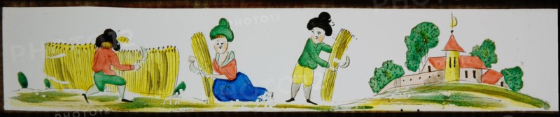 Hand-painted lantern plate with harvesting farmers, slide slide diapositive footage glass paper, Hand-painted slide