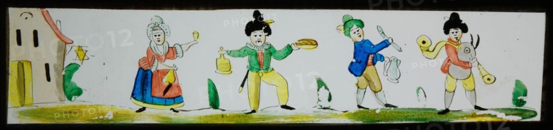 Hand-painted slide with party people, slide plate slideshope images glass paper, Hand-painted slides with top and bottom edges