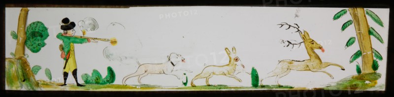 Hand-painted lantern plate with hunting scene, slide plate slideshope images glass paper, Hand-painted slides