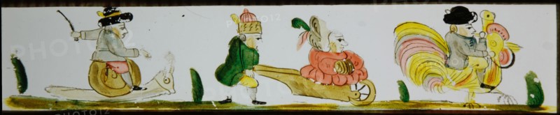 Hand-painted lantern plate with carnivalesque procession, slide plate slideshope images glass paper, Hand-painted slides