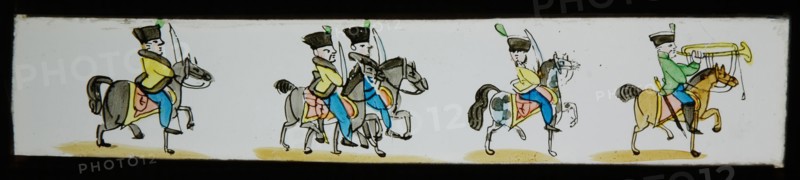 Hand-painted lantern plate with cavalry, slide plate slideshope images glass paper, Hand-painted slides with top and bottom