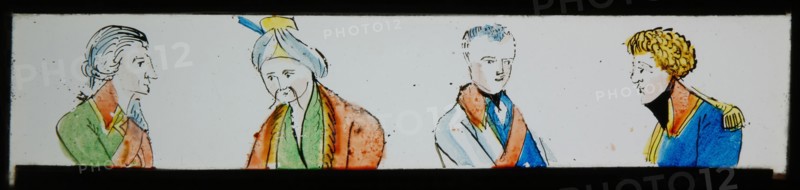Hand-painted lantern plate with four men in uniform, slide slide diapositive footage glass paper, Hand-painted slide