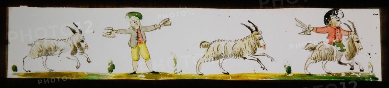 Hand-painted lantern plate with bokken and bokkenrijder, slide plate slideshope images glass paper, Hand-painted slides