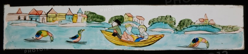 Hand-painted lantern plate with sailing company and water birds, slideshelf slideshare images glass paper, Hand-painted slides
