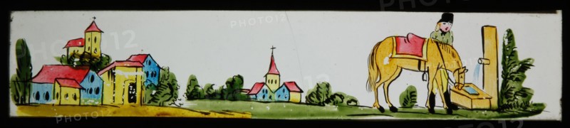 Hand-painted lantern plate with man and horse, and villages in the background, slide plate slideshope images glass paper, Hand