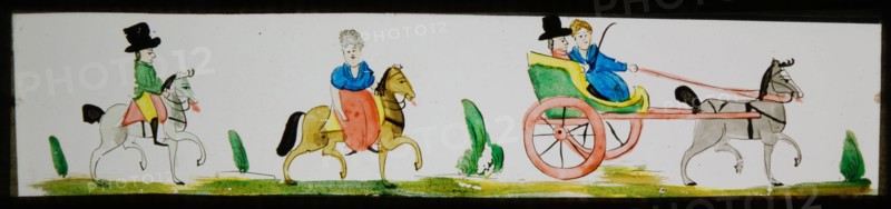 Hand-painted lantern plate with men and women on horseback and in carriage, slide plate slideshope images glass paper, Hand