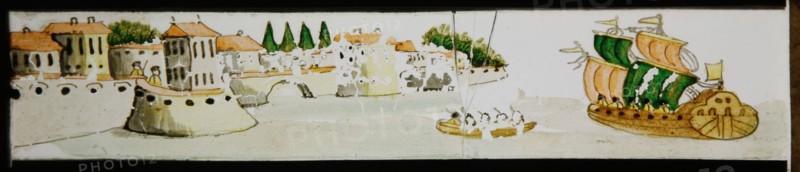 Hand-painted lantern plate with harbor, sailing ship and sloop, slideshelf slideshare images glass paper, Hand-painted slides