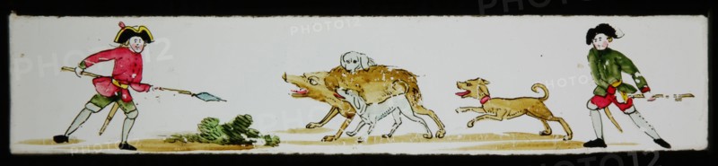 Hand-painted lantern plate with wolf hunting, slideshelf slideshare images glass paper, Hand-painted slides with top and bottom