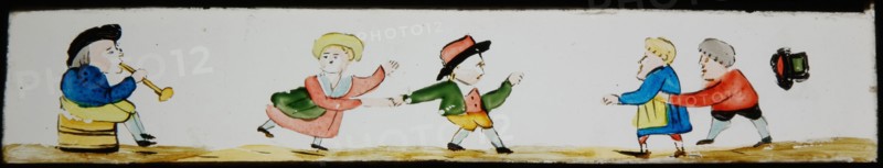 Hand-painted lantern plate with dancing people, slide plate slideshope images glass paper, Hand-painted slides with top