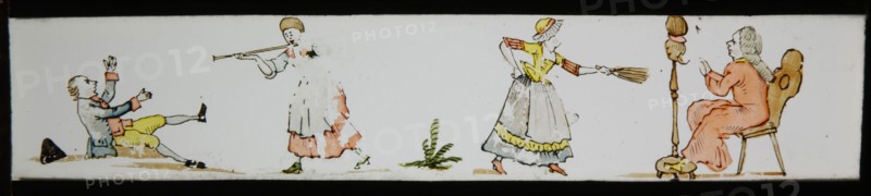 Hand-painted lantern plate with men threatened by women, slide plate slideshope images glass paper, Hand-painted slides with top