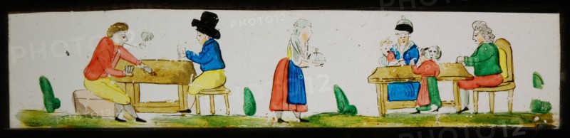 Hand-painted lantern plate with men and family at the table, slide plate slideshope images glass paper, Hand-painted slides