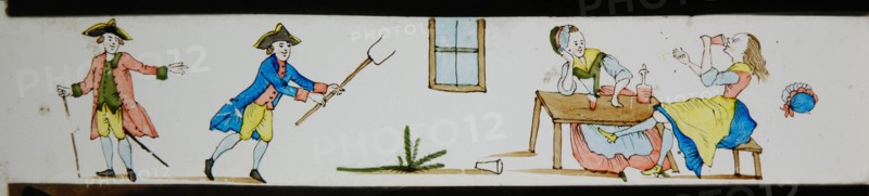 Hand-painted lantern plate with drinking women, man with pitchfork and man with stick, slideshelf slideshare images glass paper