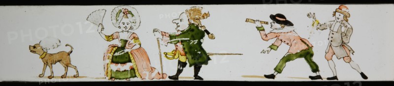 Hand-painted lantern plate with dog, gentleman and lady of stand, and on the right two young men, slide slide slideshoot images