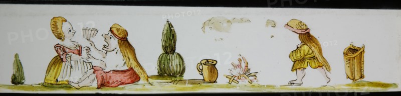 Hand-painted lantern plate with woman and men by wood fire, slide plate slideshope images glass paper, Hand-painted slides