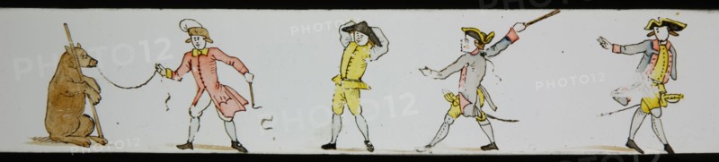 Hand-painted lantern plate with catered bear and men, slide plate slideshope images glass paper, Hand-painted slides