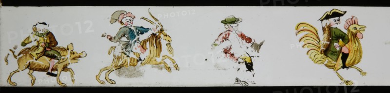 Hand-painted lantern plate with carnivalesque procession, slide plate slideshope images glass paper, Hand-painted slides