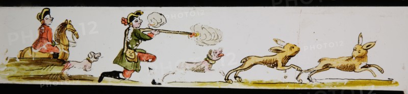 Hand-painted lantern plate with hunting scene, slideshelf slideshare images glass paper, Hand-painted slides with top and bottom