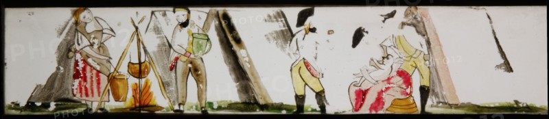 Hand-painted lantern plate with women and soldiers, slide plate slideshope images glass paper, Hand-painted slides with top