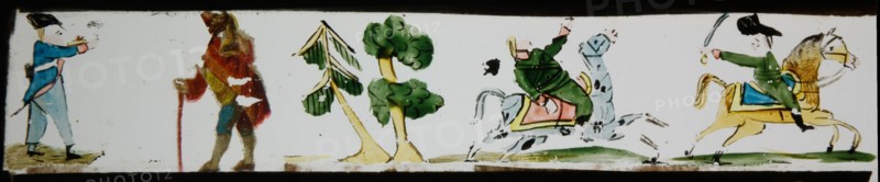 Hand-painted lantern plate with soldiers on horseback and on foot, slide plate slideshope images glass paper, Hand-painted