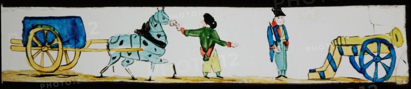 Hand-painted lantern plate with cannon, soldiers and covered wagon, slide plate slideshope images glass paper, Hand-painted