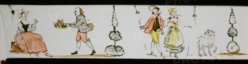Hand-painted lantern plate with courting, slide slide slideshoot images glass paper, Hand-painted slides with top and bottom