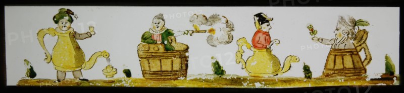 Hand-painted lantern plate with caricatures, slideshelf slideshare images glass paper, Hand-painted slides with top and bottom
