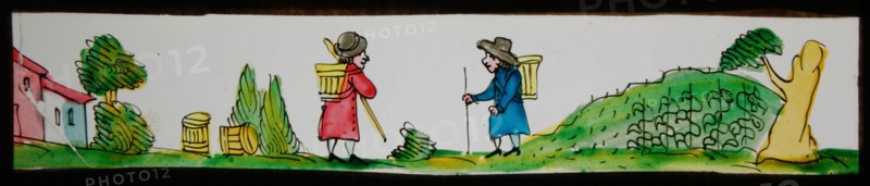 Hand-painted lantern plate with pedlars, slide plate slideshope images glass paper, Hand-painted slides with top and bottom