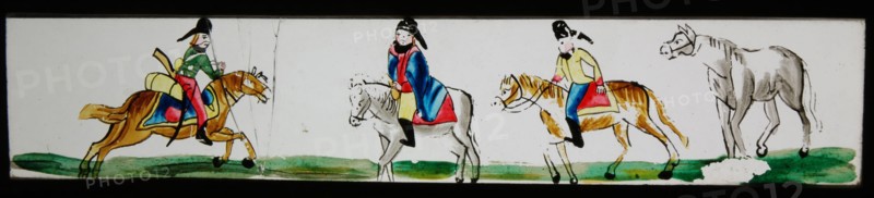 Hand-painted lantern plate with riders, slide plate slideshope images glass paper, Hand-painted slides on the edges finished