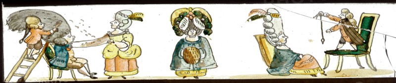 Hand-painted lantern plate, depicting the nobility with high wigs, slide plate slideshope images glass paper, Hand-painted