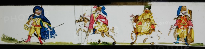 Hand-painted lantern plate with strangely dressed soldiers, slideshelf slideshare images glass paper, Hand-painted slides