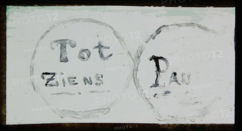 Hand-painted slide with text Tot Ziens and Pau (ze), text plate, slide slide diapositive footage glass paper, Hand-painted slide