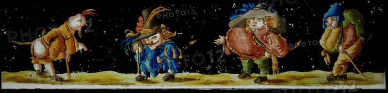 Hand-painted lantern plate with four caricatures, slide plate diapositive footage glass, Hand-painted slide with image of four
