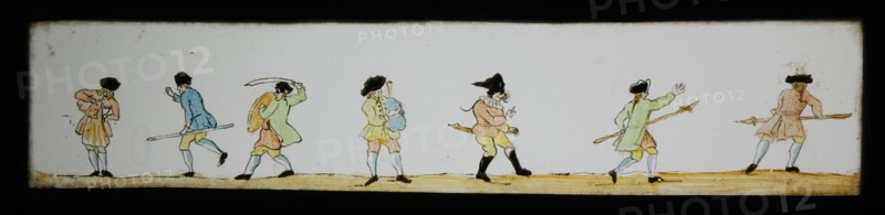 Hand-painted lantern plate with soldiers engaged in various actions, slide plate diapositive footage glass metal, Hand-painted