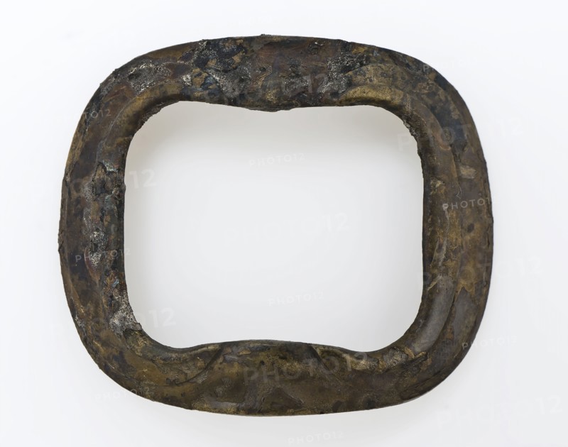 Slightly curved rectangular buckle with rounded corners, buckle fastener component soil find copper brass metal, cast Slightly