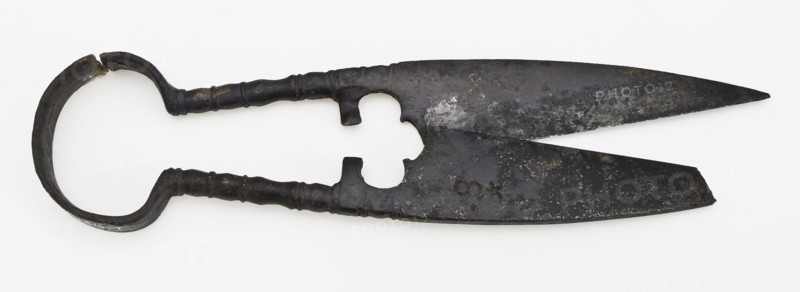Pinch cutter with two pointed, hinged blades and oval eye, pinch cutter scissor cutting tool soil find iron metal, hand-forged