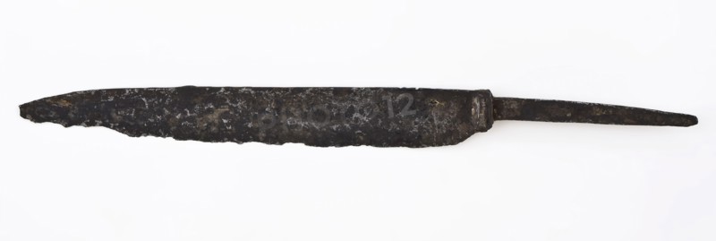Long narrow blade of knife, with narrowed sting, blade knife cutlery soil find iron copper metal, blade, angel, forged Long
