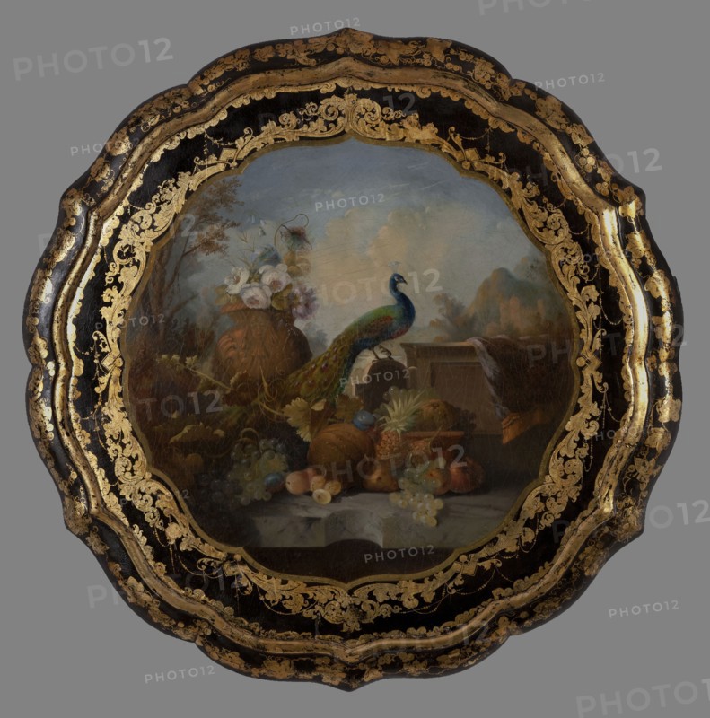Lodewijk Johannes Nooijen, Tabletop with painted representation of peacock, flowers and fruits, tabletop table furniture