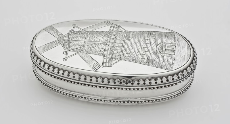 Jacobus Das van Leyden, Silver oval tobacco box engraved with representation of the Blauwmolen, high stone mill, and Joseph