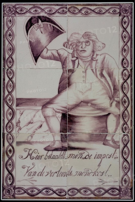 Aalmis (?), Verwijk (?), Schut (?), Tile picture of six pieces with in purple man on poop chair and inscription Here one pays