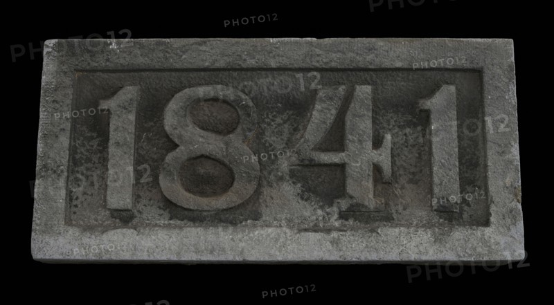 Facade stone with date 1841, facing brick foundation stone building stone stone, chopped Rectangular frame and year in high