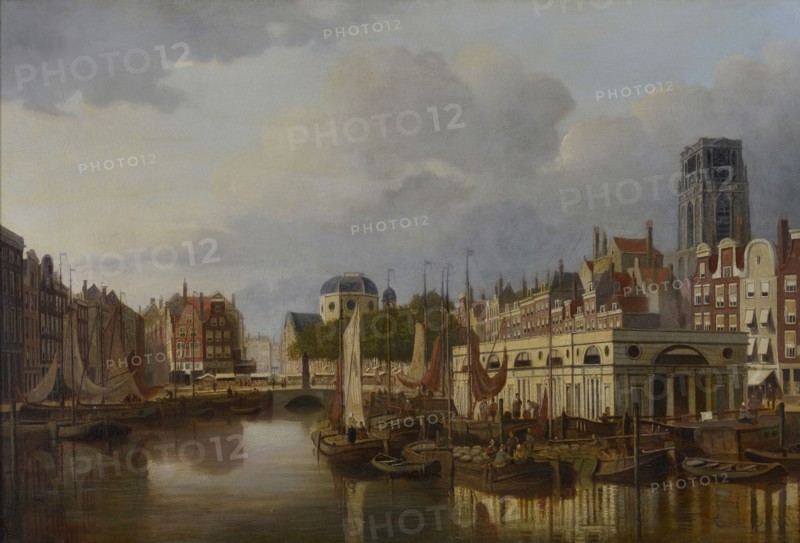Franciscus Lodewijk van Gulik (Maastricht 1841 - Rotterdam 1899), Cityscape Rotterdam with Steiger, Kolk, Grotemarkt with statue