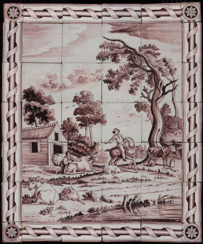 Purple tile tableau of peasant scene with list of border and corner tiles, tile picture material ceramic earthenware glaze
