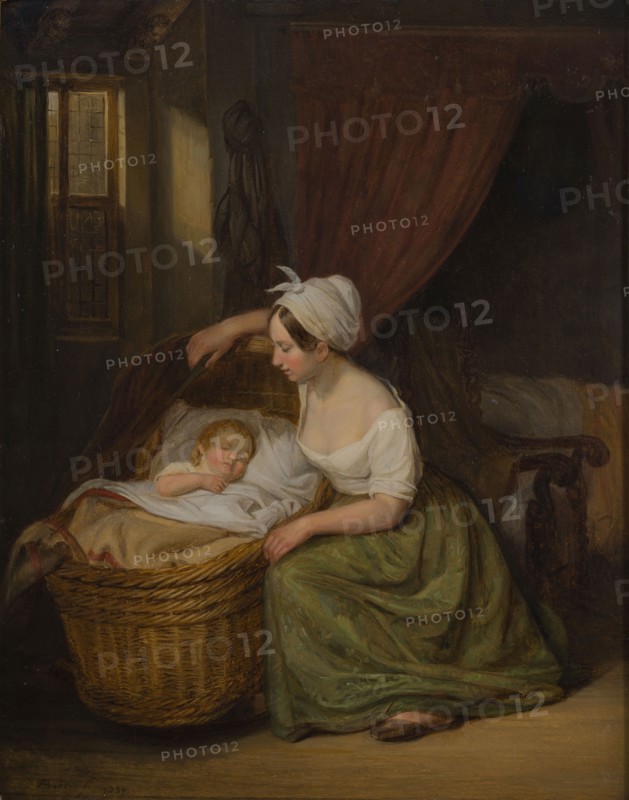 Arend Bakker, Portrait of an unknown mother at the cradle of her child, portrait painting footage wood oil, Oil on panel