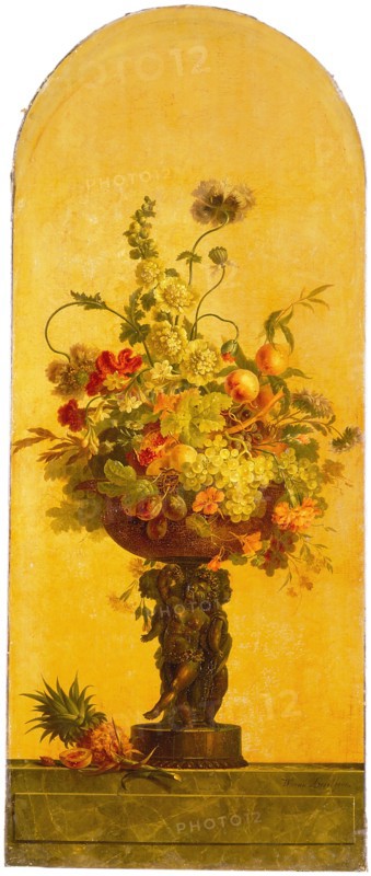 Willem van Leen, Painted wallpaper depicting flowers and fruits in vase, still life wallpaper painting painting material linen