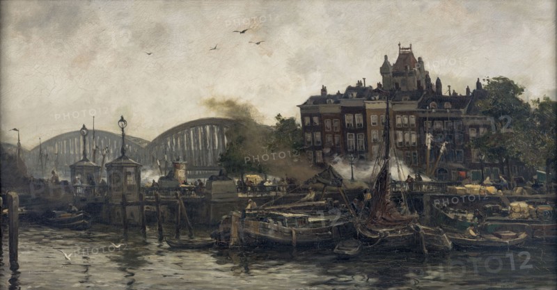 August Willem van Voorden, The Vierleeuwenbrug at the Oude Haven in Rotterdam, cityscape painting of canvas linen oil paint