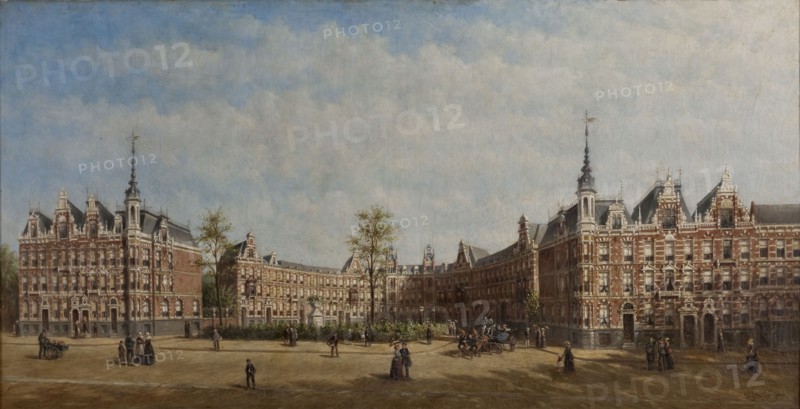 Petrus Gerardus Vertin, View of the Koningin Emmaplein in Rotterdam with figures, cityscape painting of canvas linen oil paint
