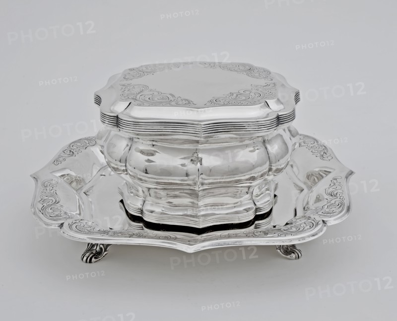 Silversmith: J. Lang & C. Koops, Square silver cookie jar with lid on top, cookie jar holder silver, forced engraved on mold