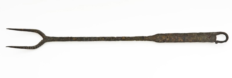 Iron frying fork, fork with two teeth, fork kitchen utensils soil find iron metal, forged Large iron fork Handle with trench