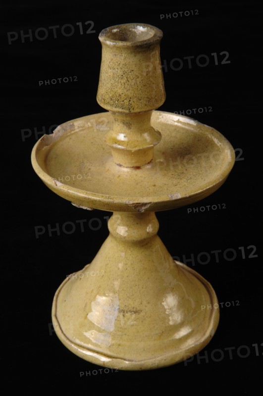 Earthenware candlestick on high base, white shard and yellow glazed, candlestick candlestick lighting fixture foundations