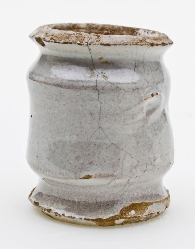 Pottery ointment jar, cylindrical model with constrictions, entirely white glazed, ointment jar pot holder soil find ceramic